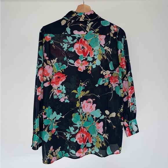 Vintage 1970's ROAMANS dark floral polyester dagger collar long sleeve blouse M - Picture 2 of 8